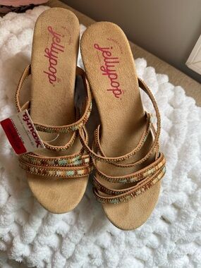 Jellypop tan strappy slide sandals with mint and gold beading